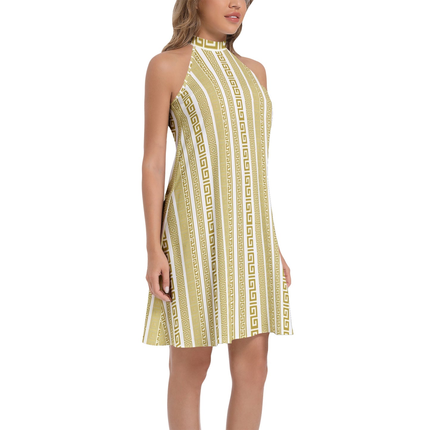 TM Greca Stencil Tie Back Halter Neck Flared Dress